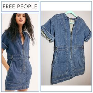 Free People Size Medium Dream On Denim Mini Dress Boxy Casual Fit